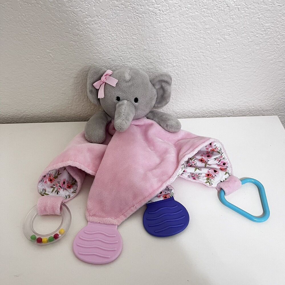 Modern Baby Pink Elephant Baby Security Blanket Lovey Teether Rattle Floral Back